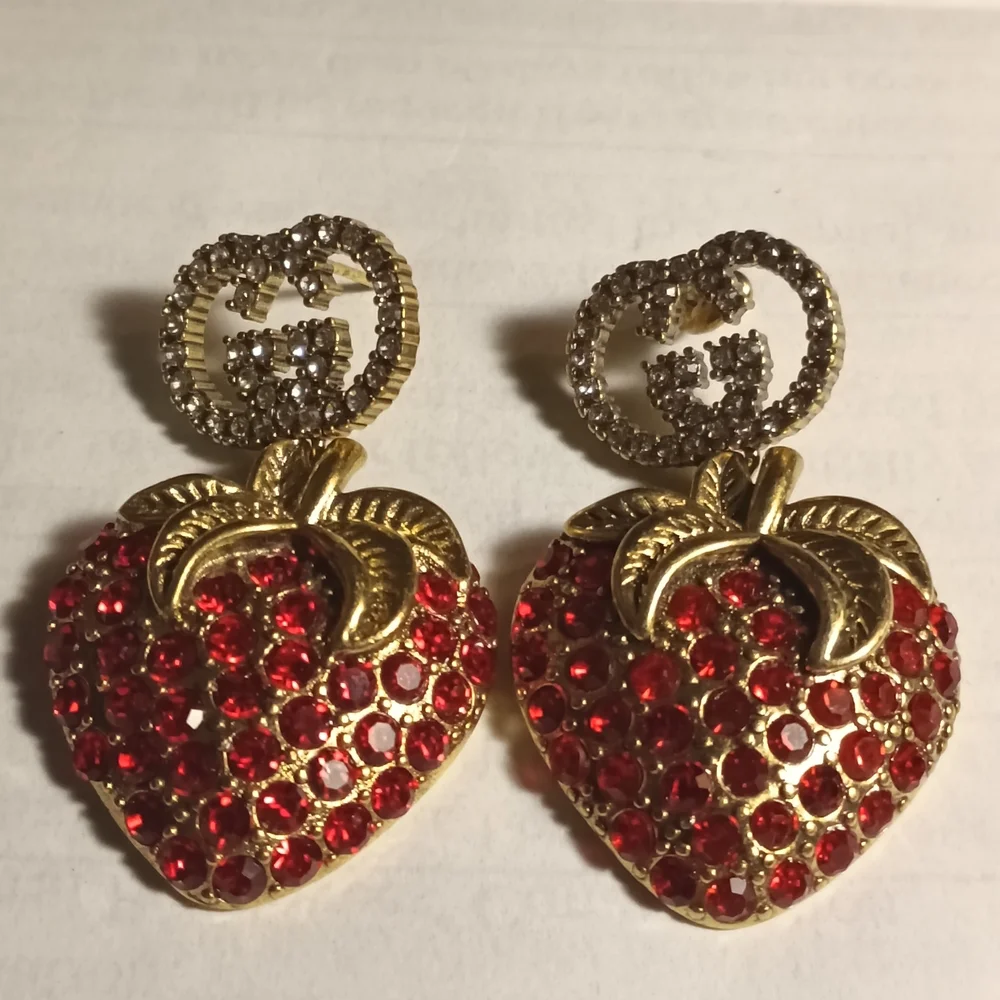 Gold and Red Strawberry Earrings - Picture 2 of 7
